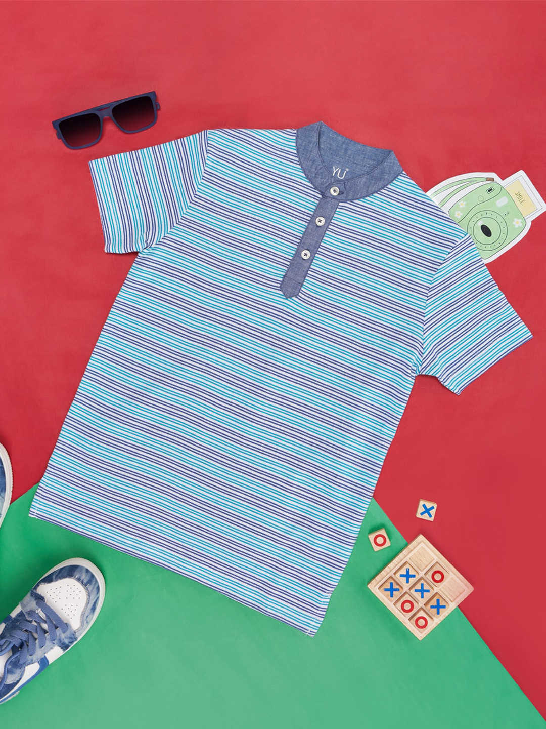 

YU by Pantaloons Boys Striped Mandarin Collar Cotton T-shirt, Blue