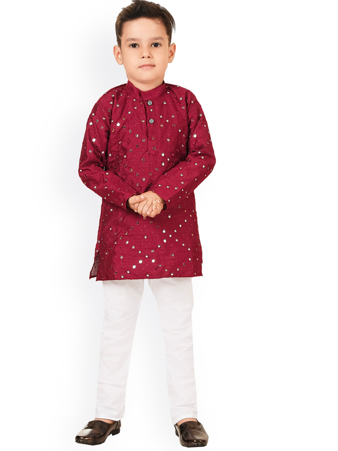

BAESD Boys Geometric Embroidered Regular Mirror Work Kurta With Pyjamas, Maroon