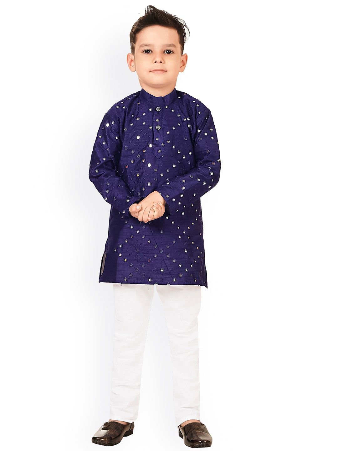 

BAESD Boys Geometric Embroidered Regular Mirror Work Kurta With Pyjamas, Navy blue