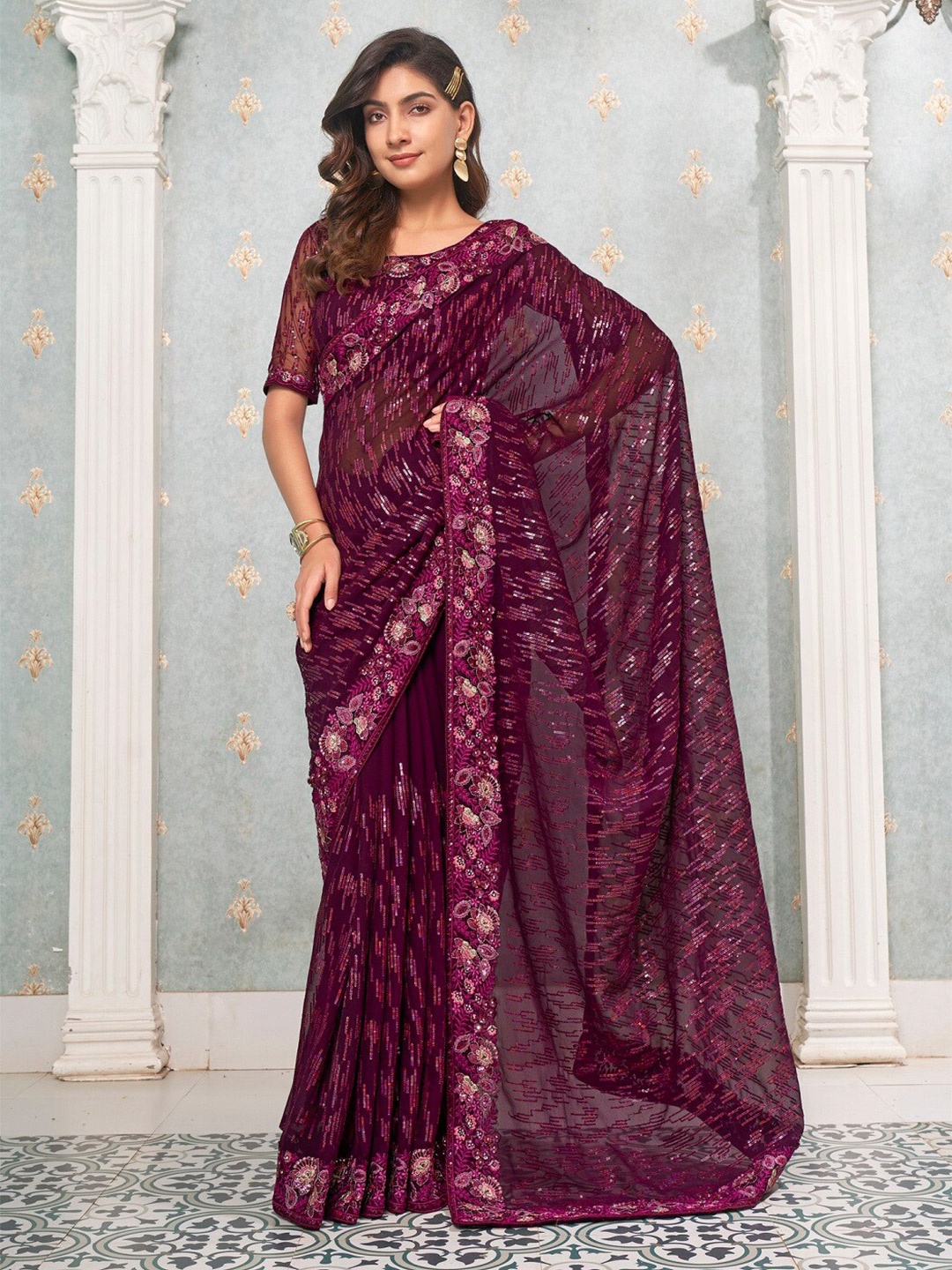 

Kalista Burgundy Embellished Sequinned Pure Georgette Saree