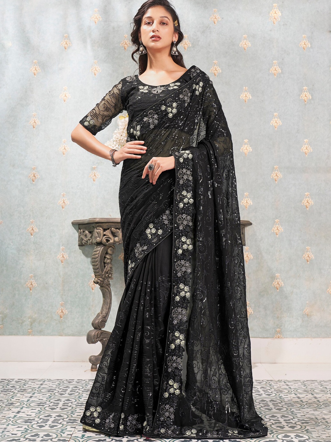 

Kalista Black & Grey Embellished Sequinned Pure Georgette Saree