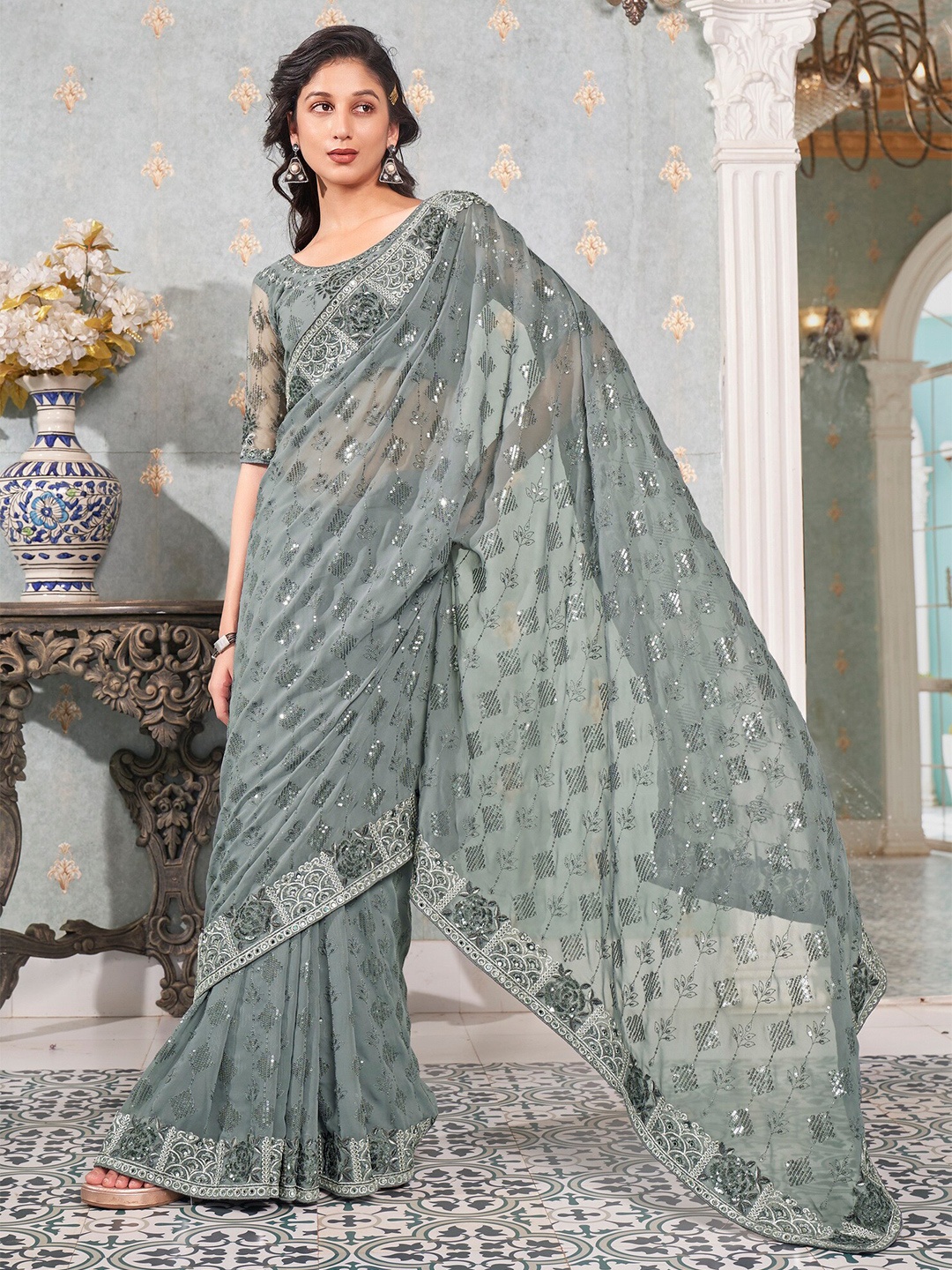 

Kalista Grey & Gold-Toned Embellished Sequinned Pure Georgette Saree