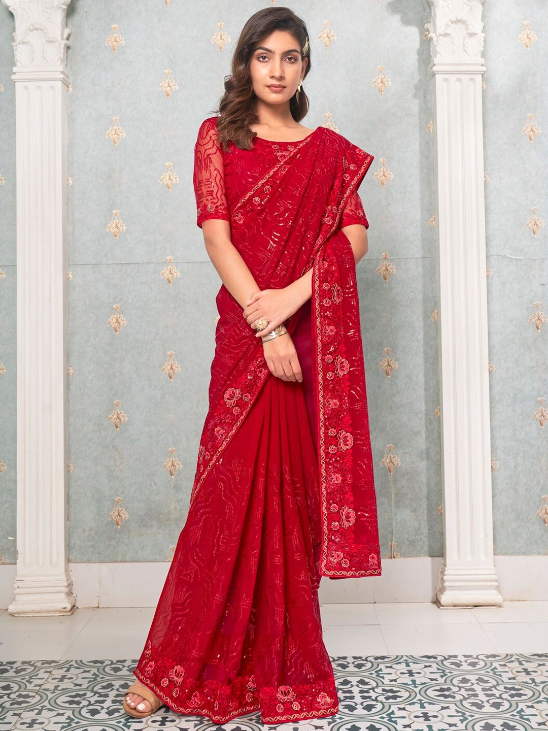 

Kalista Red Embellished Sequinned Pure Georgette Saree