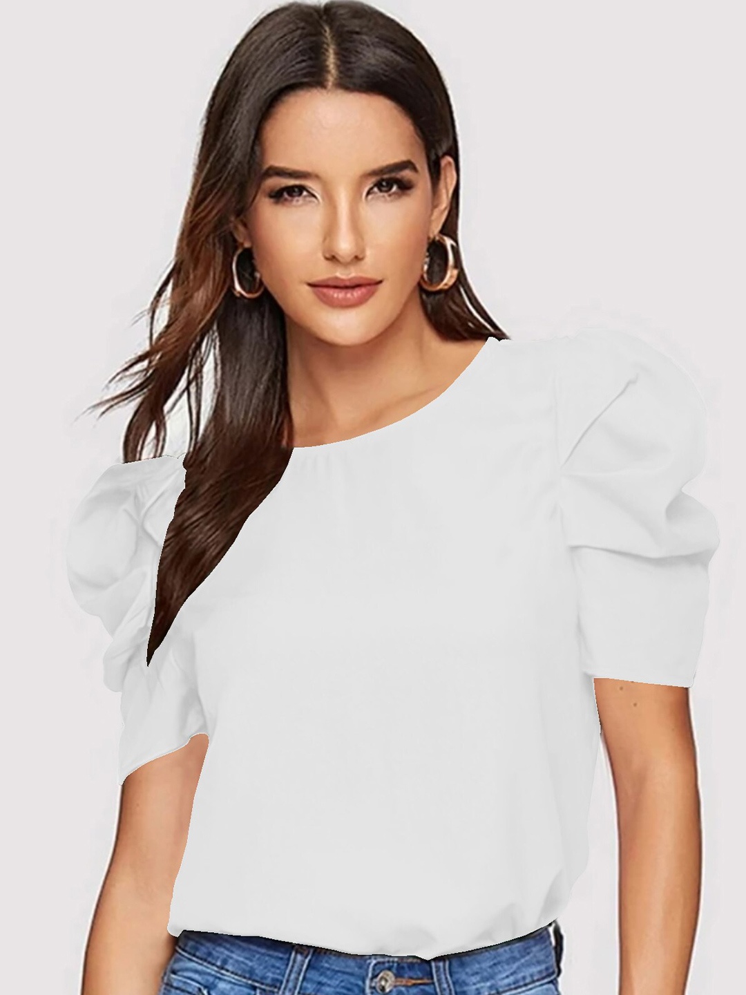 

Dream Beauty Fashion Round Neck Puff Sleeve Regular Top, White