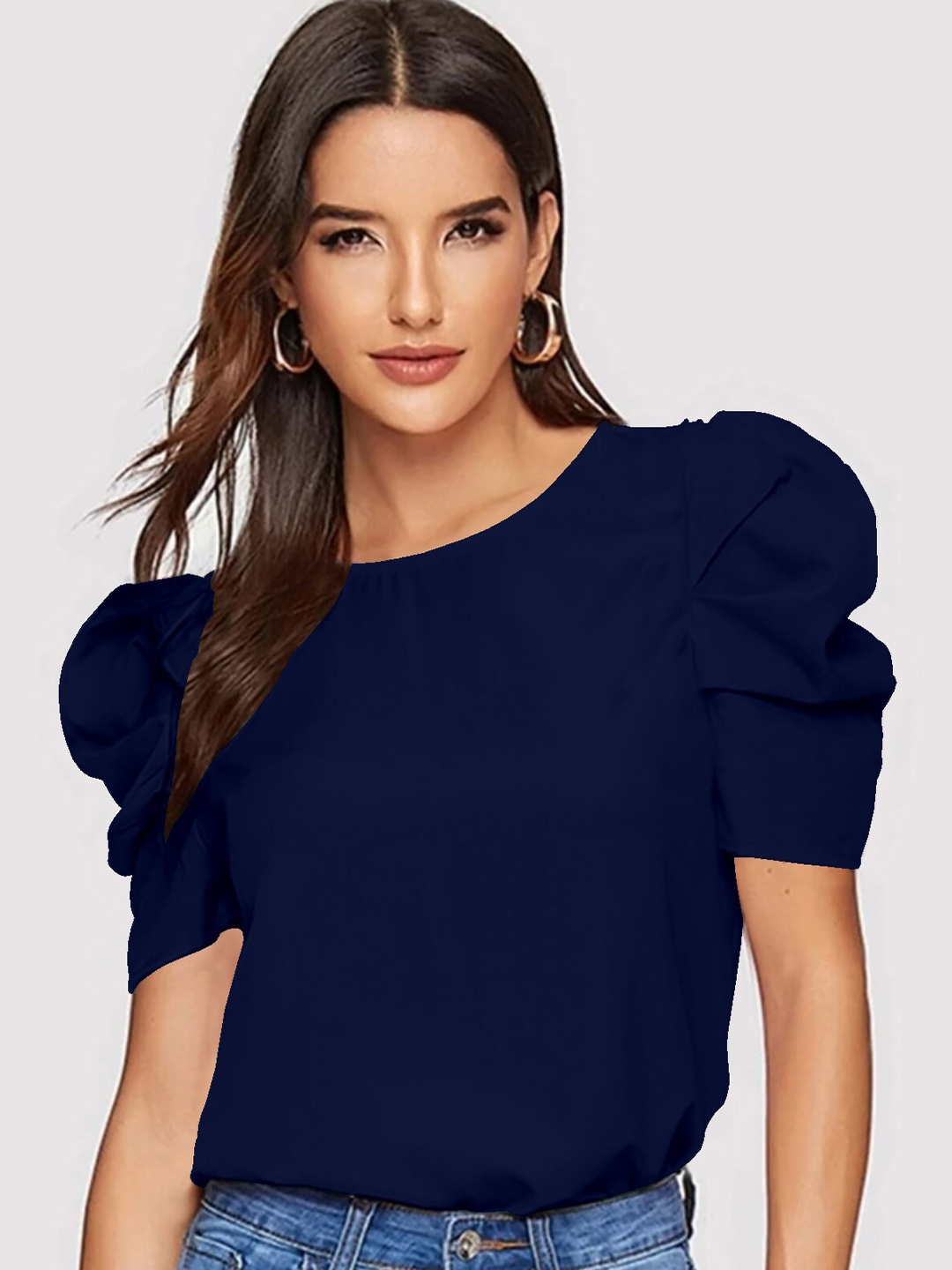 

Dream Beauty Fashion Round Neck Puff Sleeve Regular Top, Navy blue