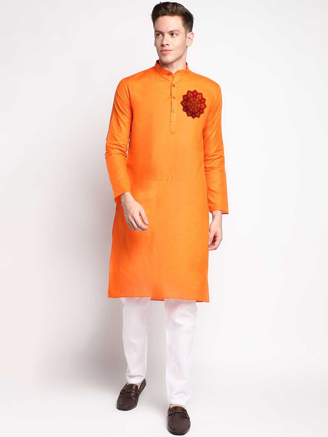 

DEVOILER Ethnic Motifs Printed Band Collar Straight Kurta With Pyjama, Orange