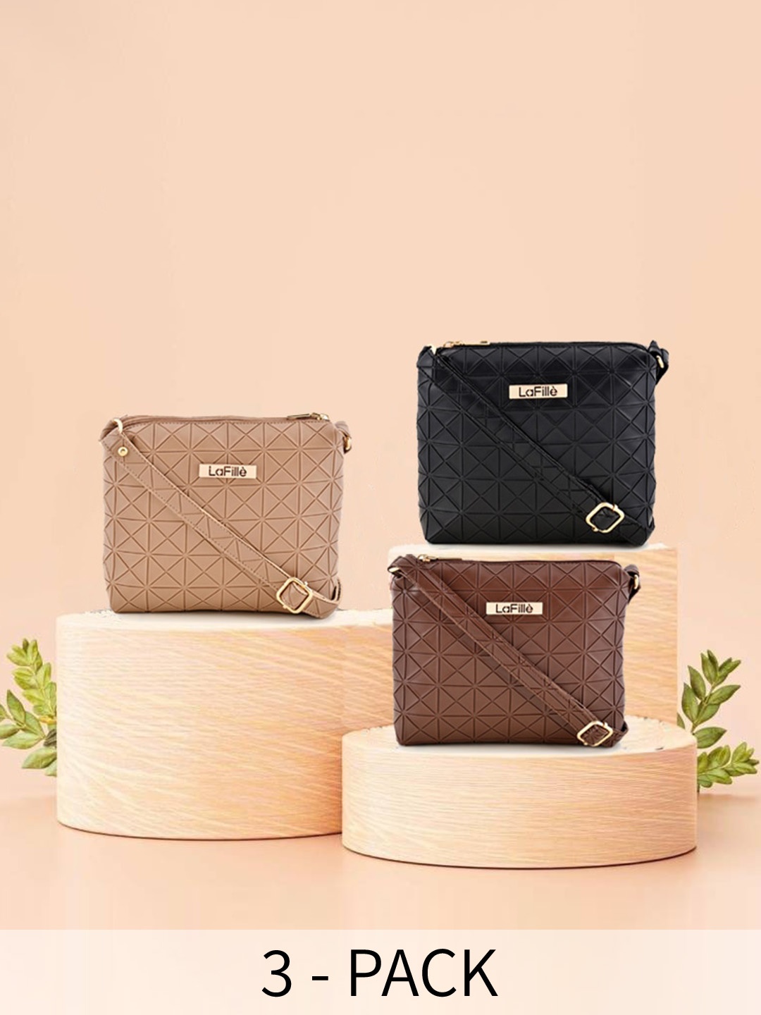 

LaFille Set Of 3 Textured Structured Sling Bags, Beige