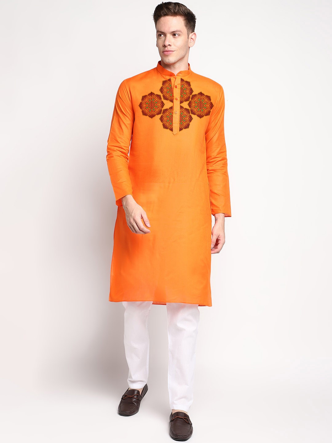 

DEVOILER Ethnic Motifs Printed Mandarin Collar Kurta With Pyjamas, Orange