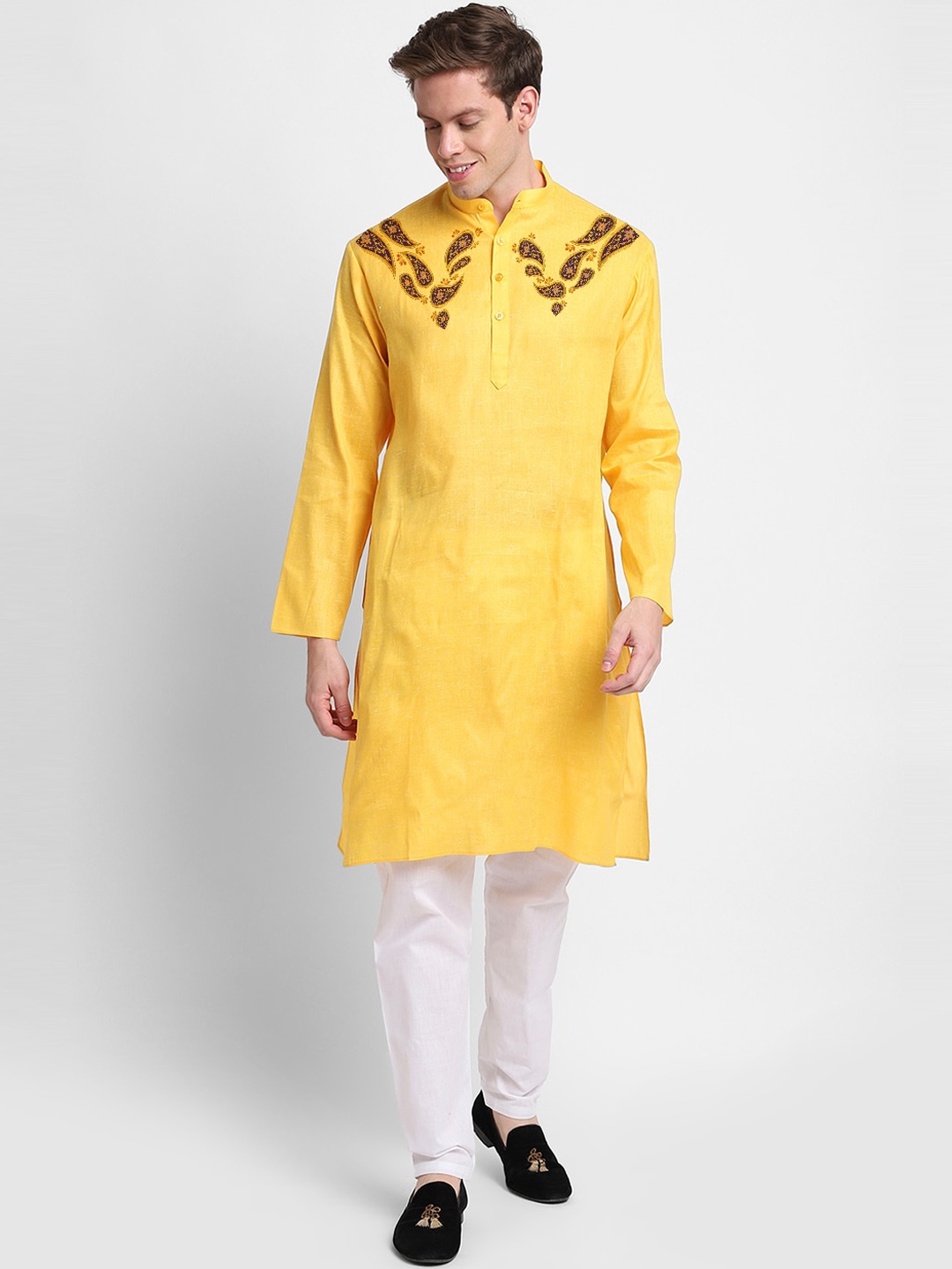 

DEVOILER Ethnic Motifs Printed Band Collar Straight Kurta, Yellow