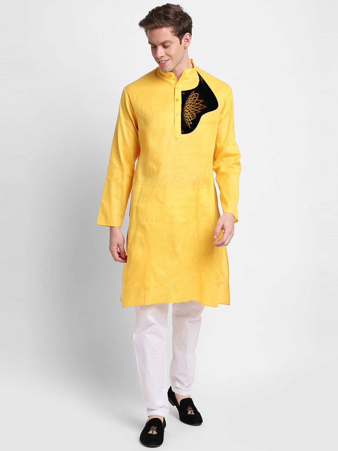 

DEVOILER Geometric Printed Mandarin Collar Straight Kurta, Yellow