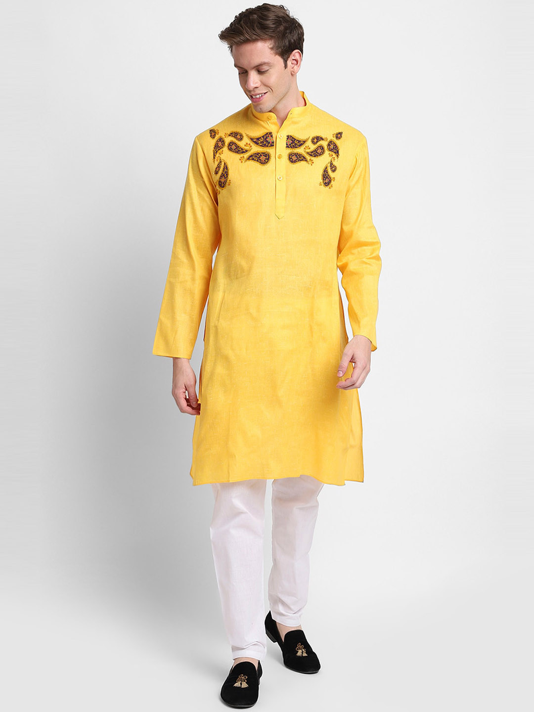 

DEVOILER Ethnic Motifs Printed Mandarin Collar Straight Kurta, Yellow