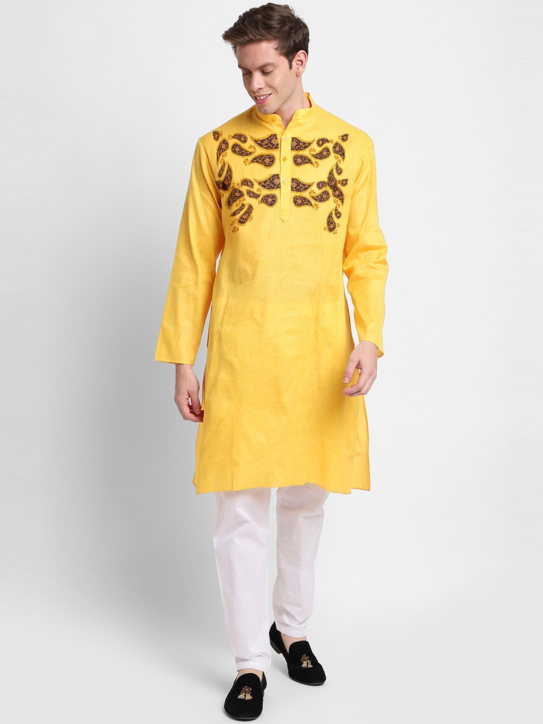 

DEVOILER Ethnic Motifs Printed Mandarin Collar Straight Kurta, Yellow