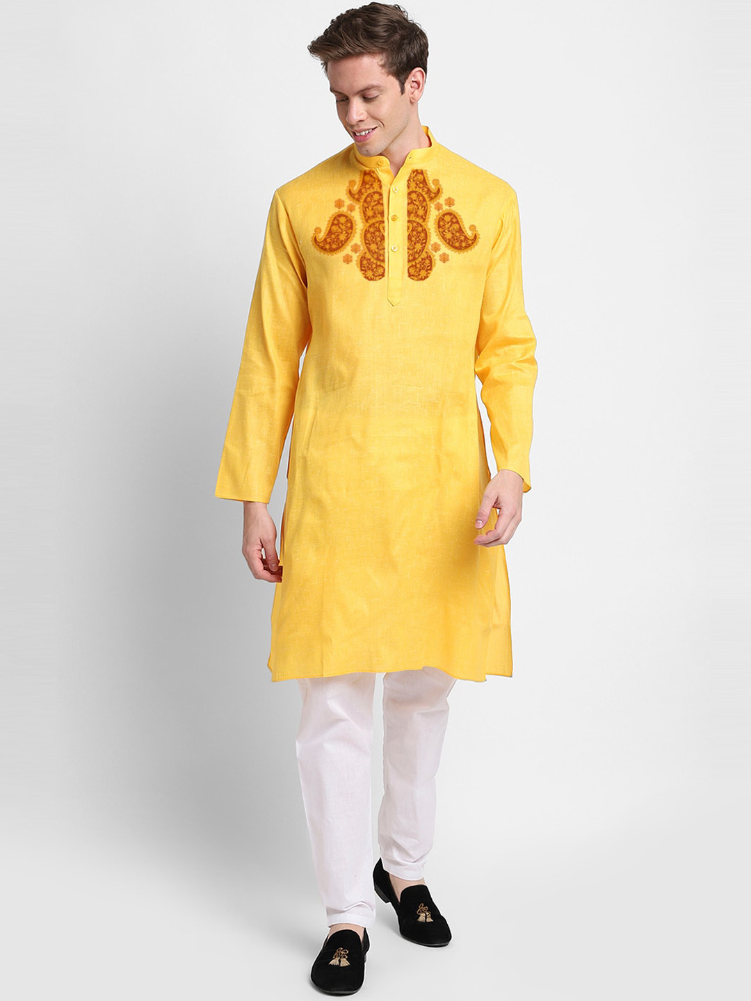 

DEVOILER Ethnic Motifs Printed Band Collar Regular Kurta with Pyjamas, Yellow