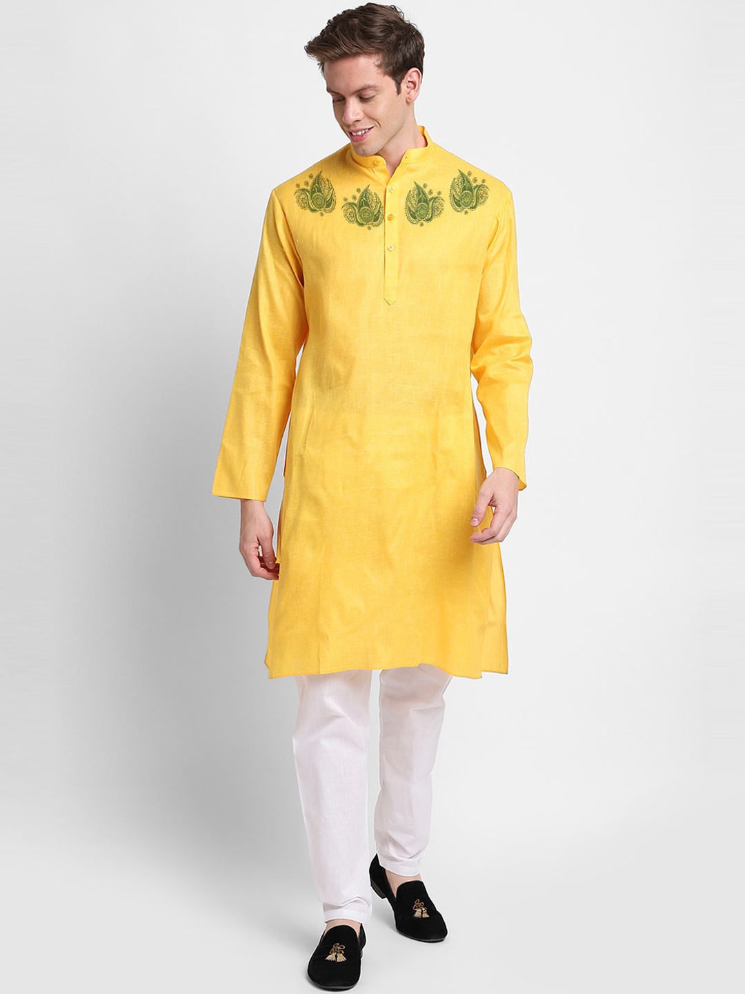 

DEVOILER Ethnic Motifs Printed Mandarin Collar Regular Kurta with Pyjamas, Yellow