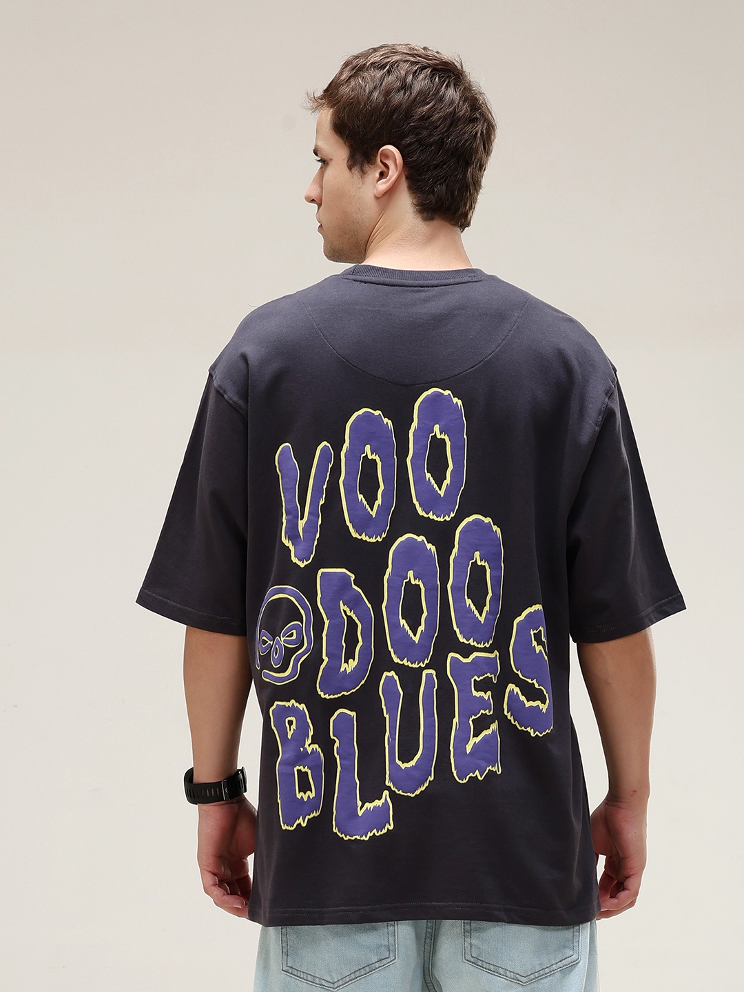 

VUDU Typography Printed Oversized Cotton T-shirt, Black