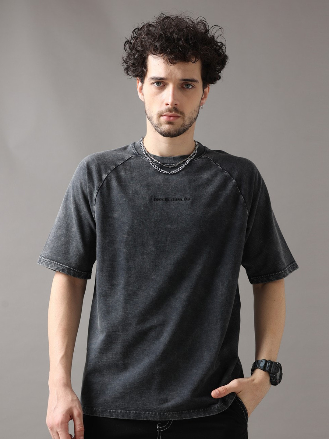 

VUDU Round Neck Raglan Sleeves Cotton T-shirt, Grey