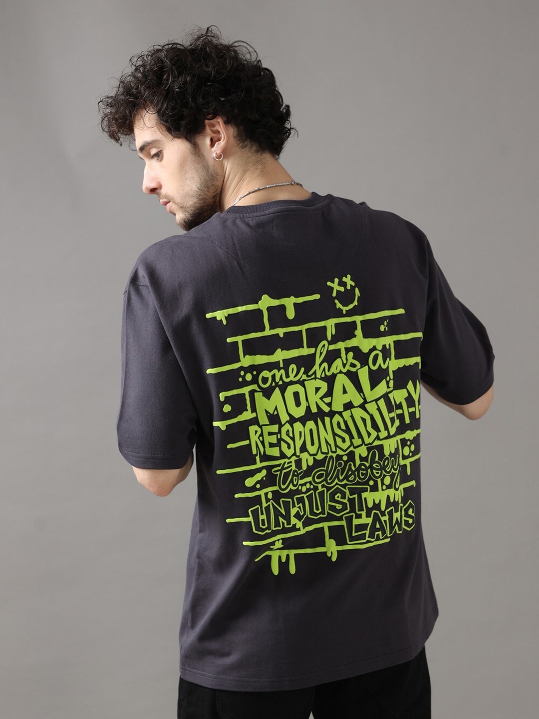 

VUDU Typography Printed Cotton Oversized T-Shirt, Black