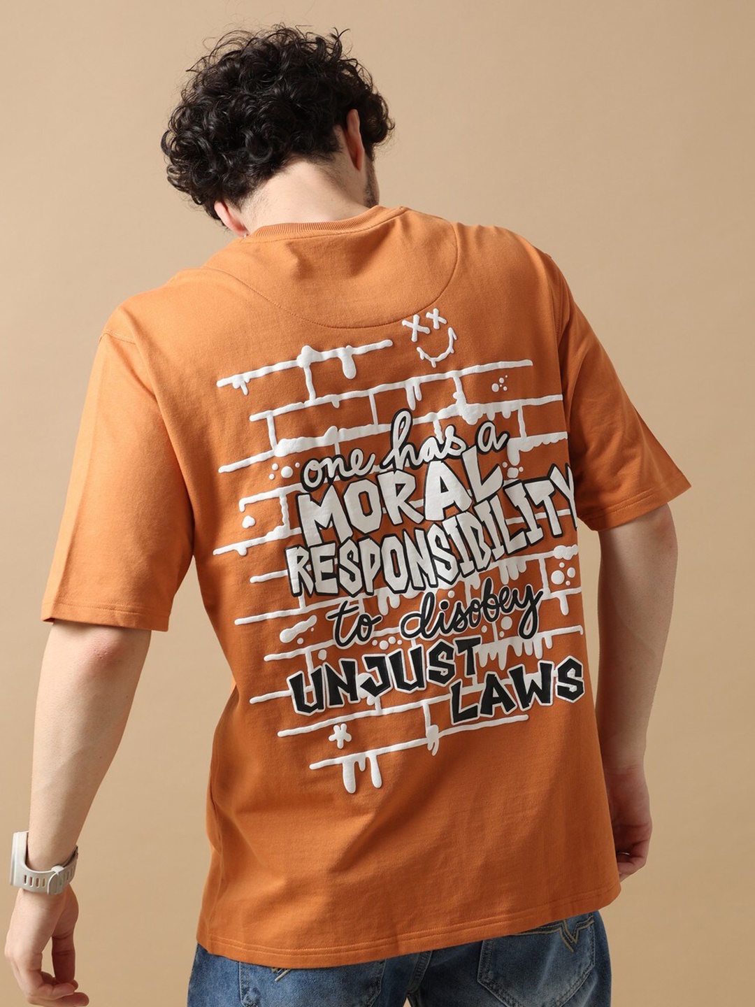 

VUDU Typography Printed Cotton Oversized T-Shirt, Orange