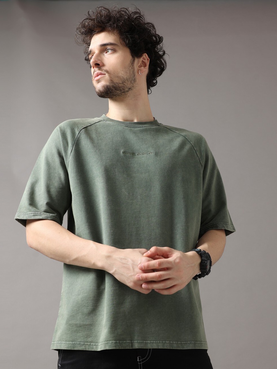 

VUDU Raglan Sleeves Cotton Oversized T-Shirt, Olive