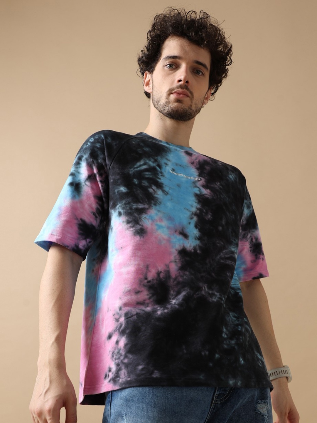 

VUDU Urban Aurora Tie and Dye Printed Cotton Oversized T-Shirt, Black