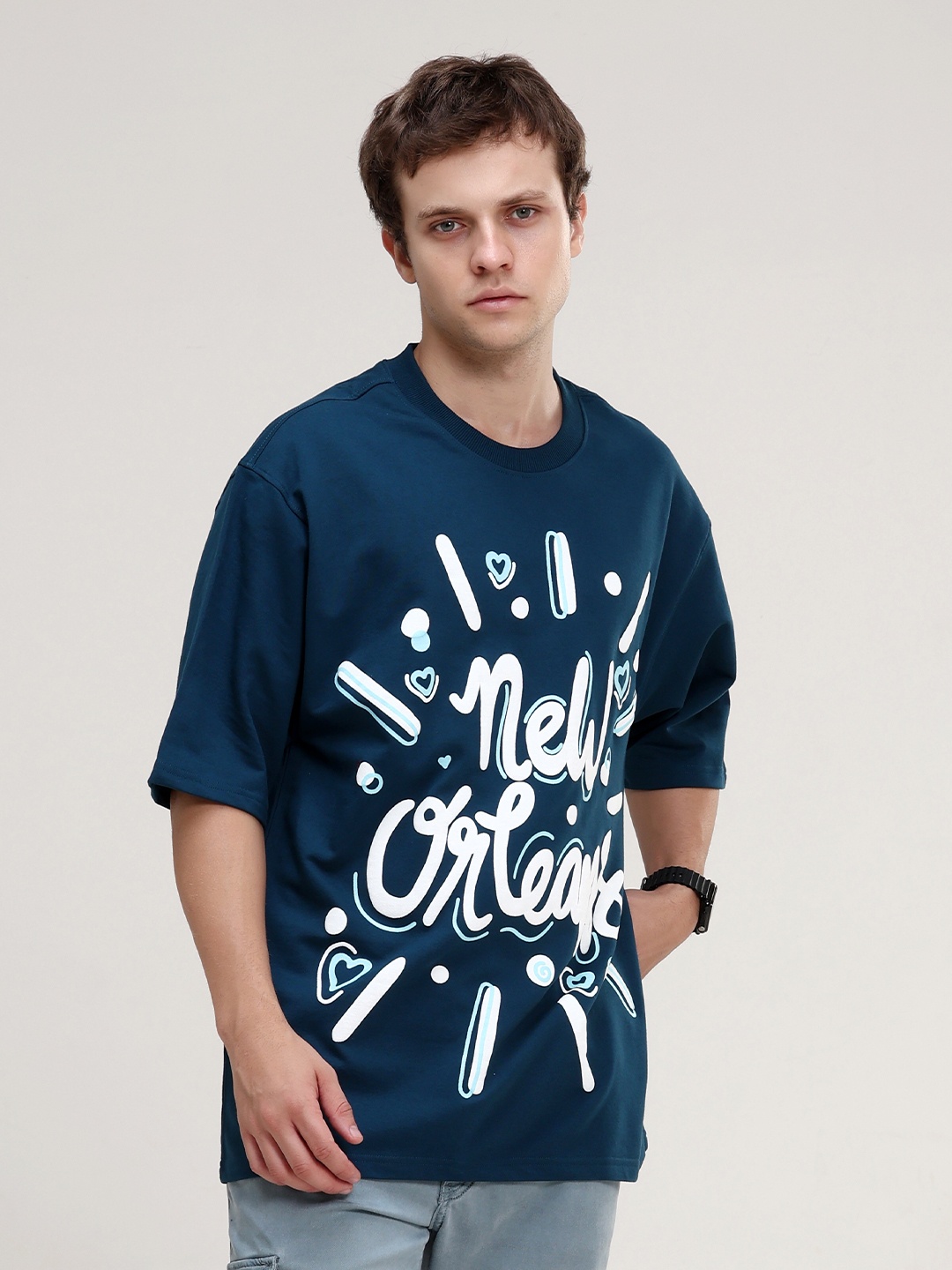

VUDU Typography Printed Oversized Cotton T-shirt, Navy blue