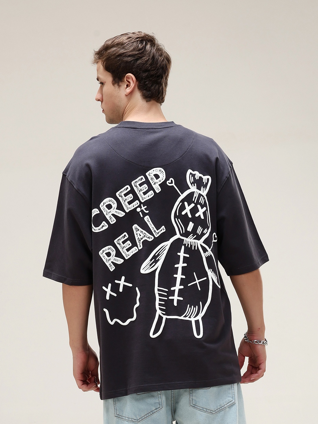 VUDU Graphic Printed Oversized Cotton T-shirt, Black