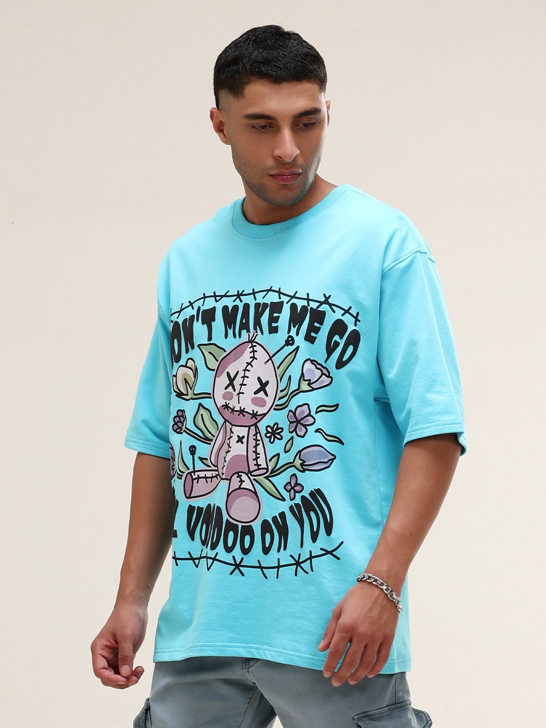 

VUDU Graphic Printed Oversized Cotton T-shirt, Blue