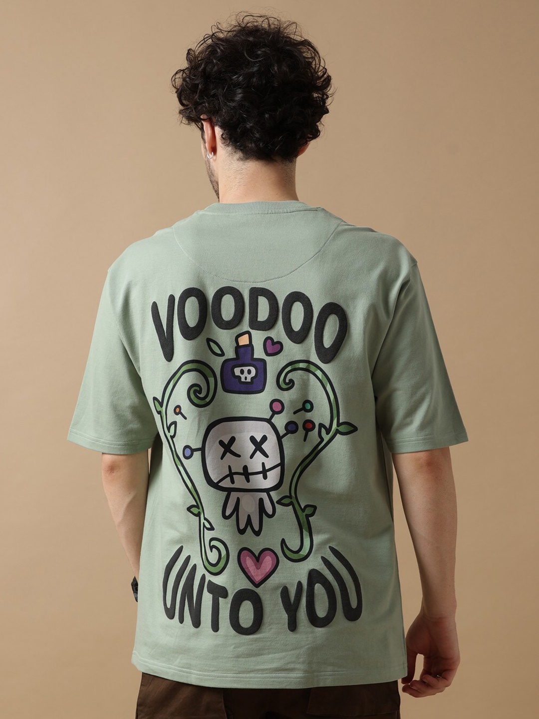 

VUDU Graphic Printed Oversized Cotton T-shirt, Olive