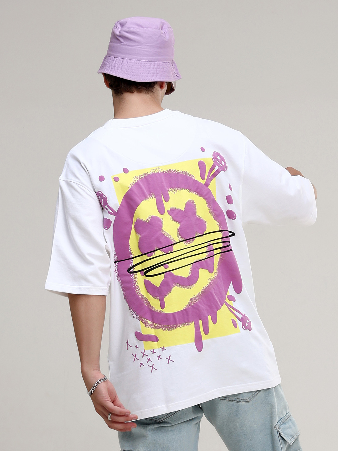 

VUDU Graffiti Smiley Printed Round Neck Cotton Oversized T-Shirt, White