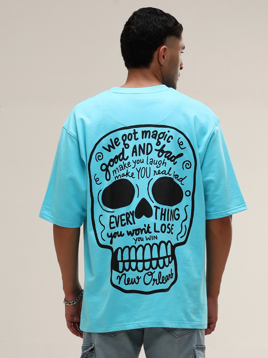 

VUDU Typography Printed Round Neck Cotton Oversized T-shirt, Blue