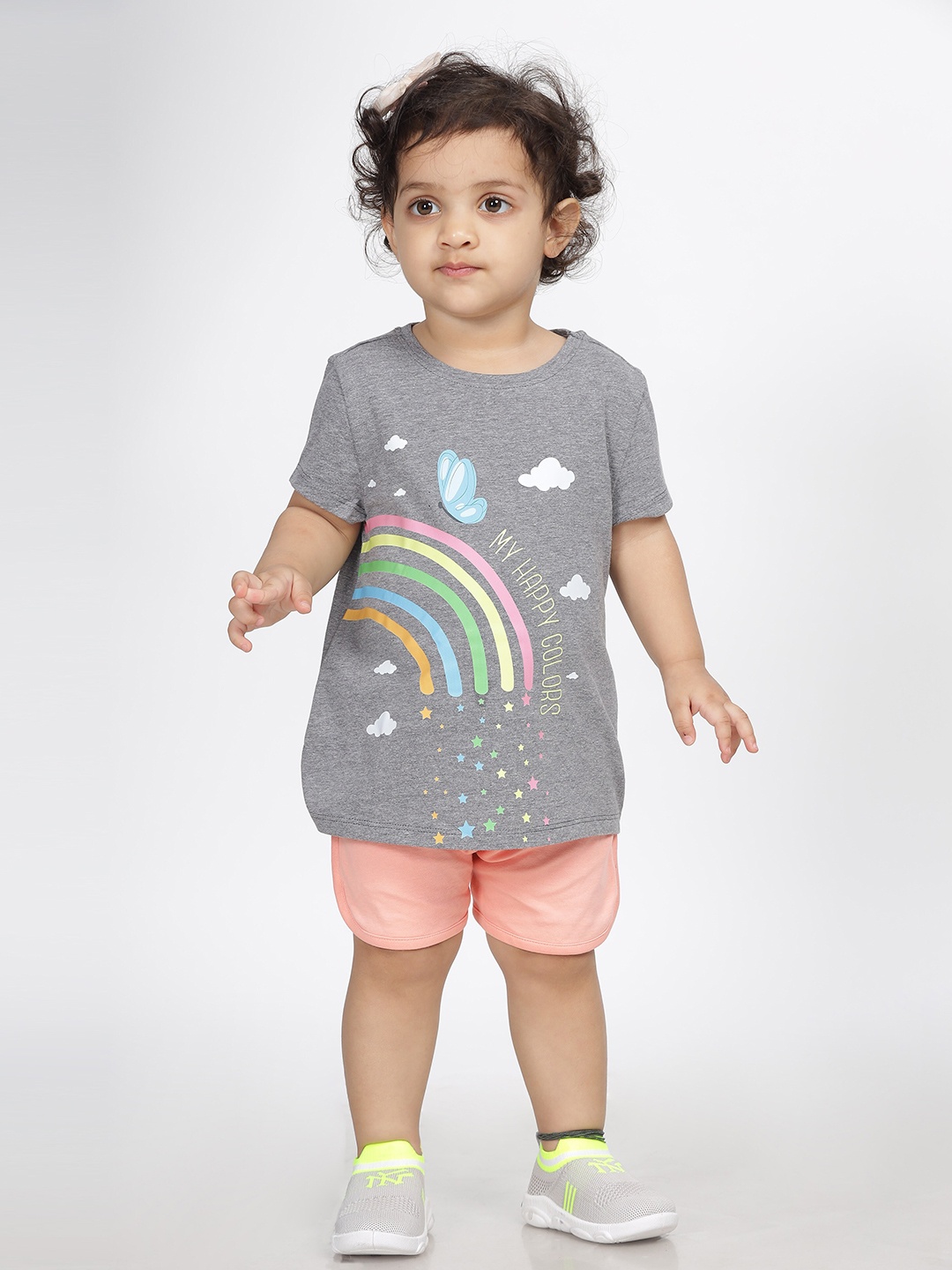 

Huetrap Girls Rainbow Print Round Neck T-Shirt, Grey