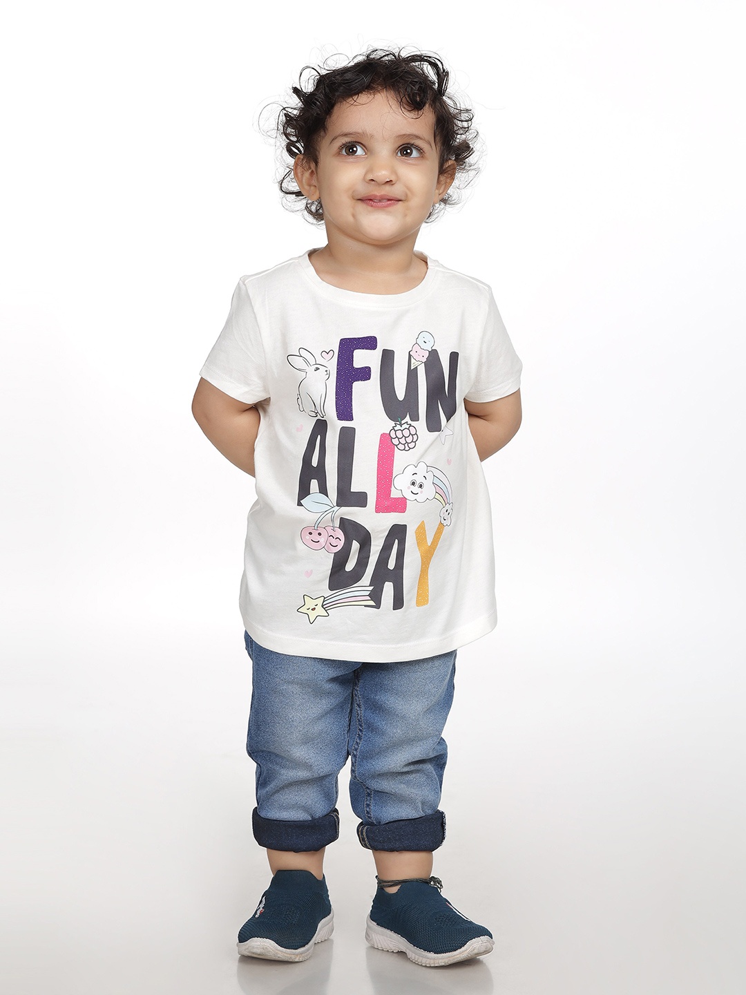 

Huetrap Girls Fun Typography Printed Round Neck T-Shirt, Off white