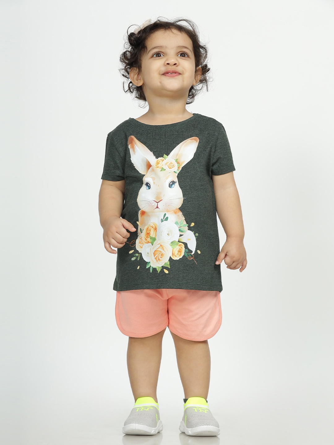 

Huetrap Girls Rabbit Printed Round Neck T-Shirt, Olive