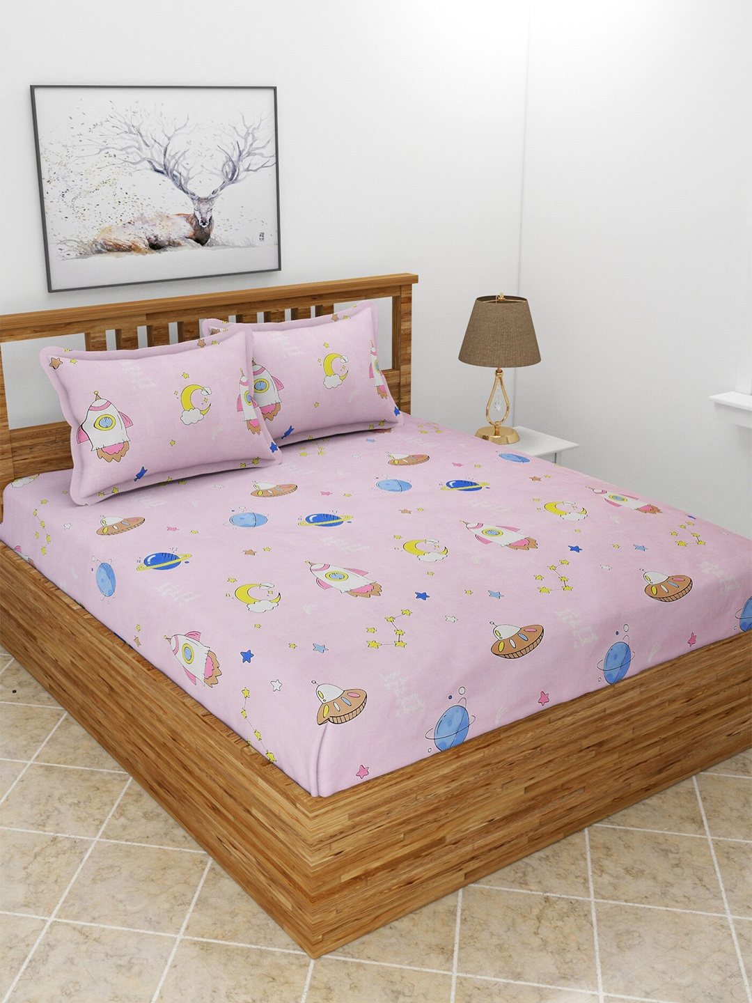 

BREVARD Pink & Blue Printed 210 TC Queen Bedsheet with 2 Pillow Covers