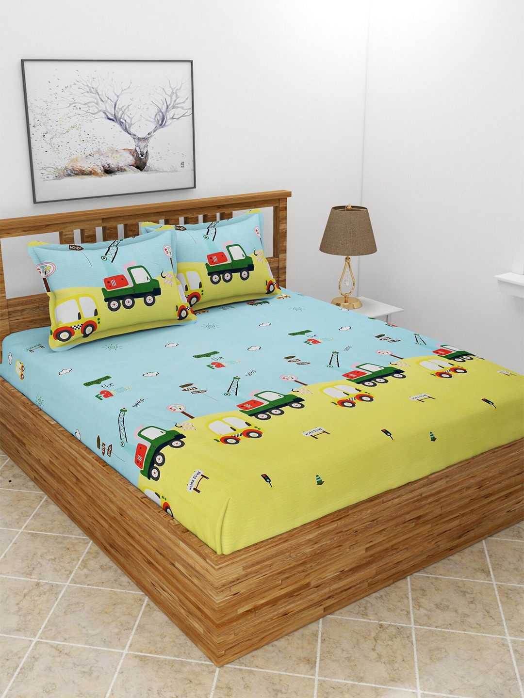 

BREVARD Yellow & Blue Cartoon Characters 210 TC Queen Bedsheet With 2 Pillow Covers