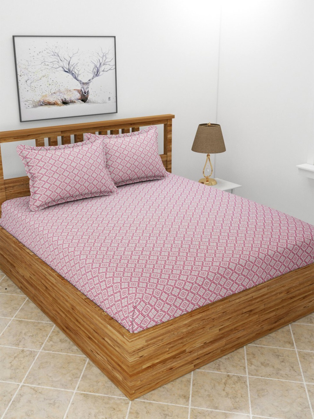 

BREVARD Pink & Grey Printed 210 TC Queen Bedsheet with 2 Pillow Covers