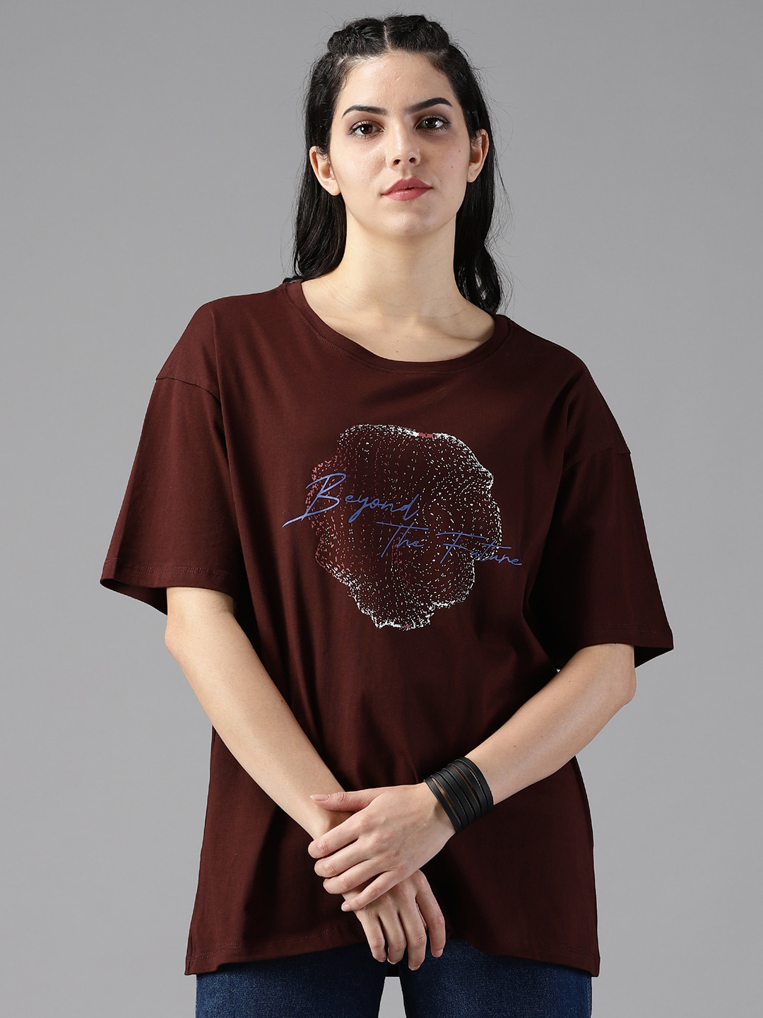 

The Roadster Lifestyle Co. Printed Drop Shoulder Sleeves Pure Cotton Oversized T-Shirt, Brown
