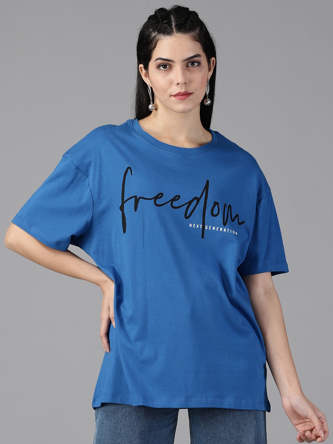 

The Roadster Lifestyle Co. Round neckline Typography Printed Cotton Oversized Tshirts, Turquoise blue