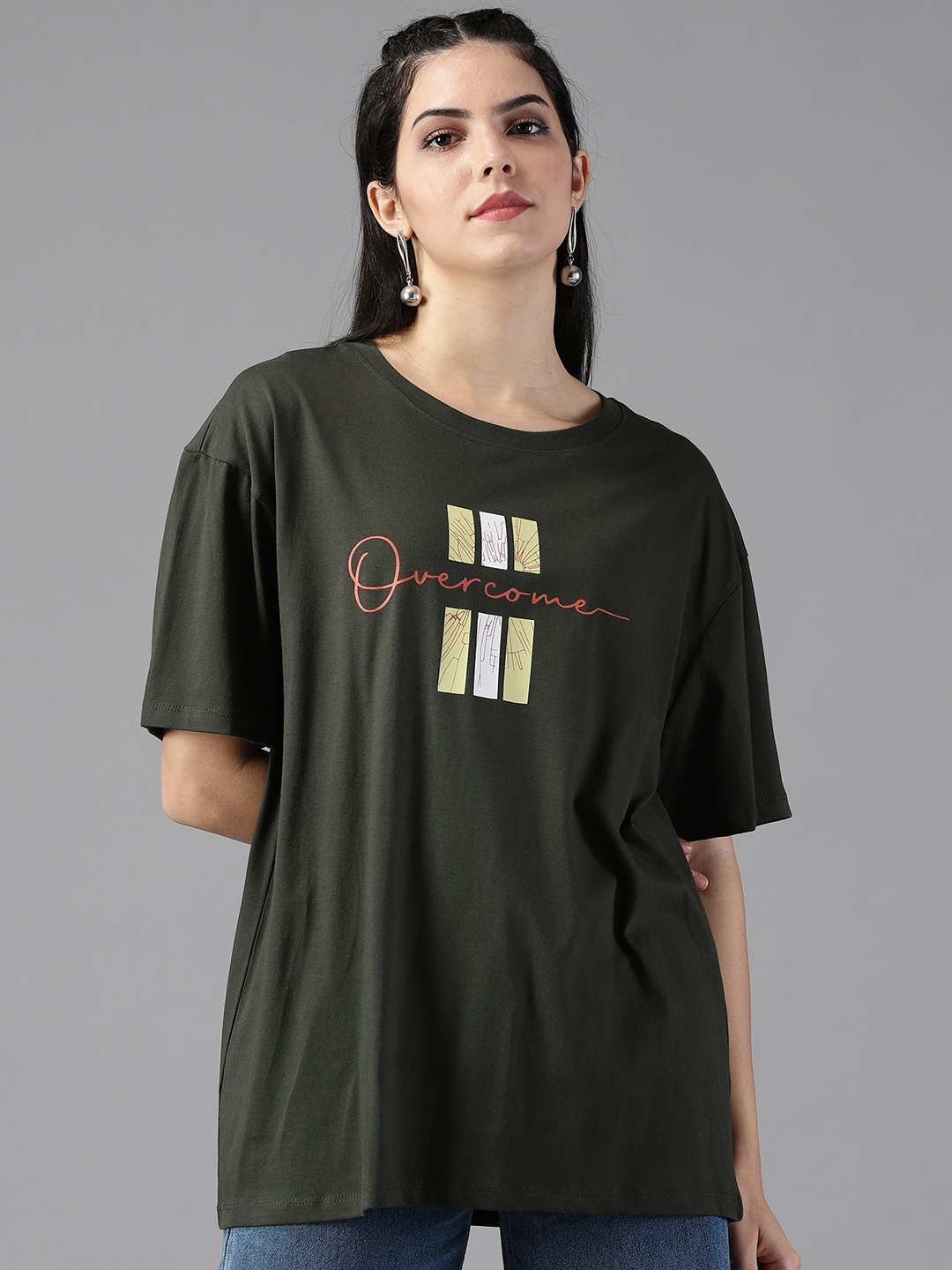 

The Roadster Lifestyle Co. Printed Drop Shoulder Sleeves Pure Cotton Oversized T-Shirt, Olive