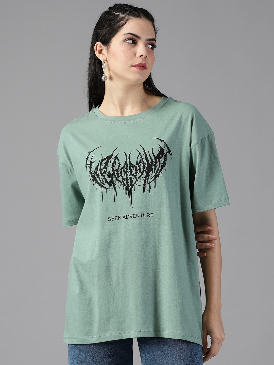 

Roadster Printed Pure Cotton Oversized T-shirt, Lime green