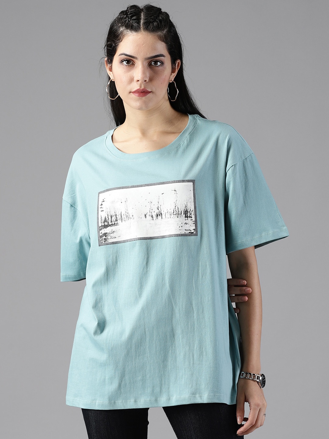 

Roadster Sea Green Graphic Printed Oversized Pure Cotton Tshirts