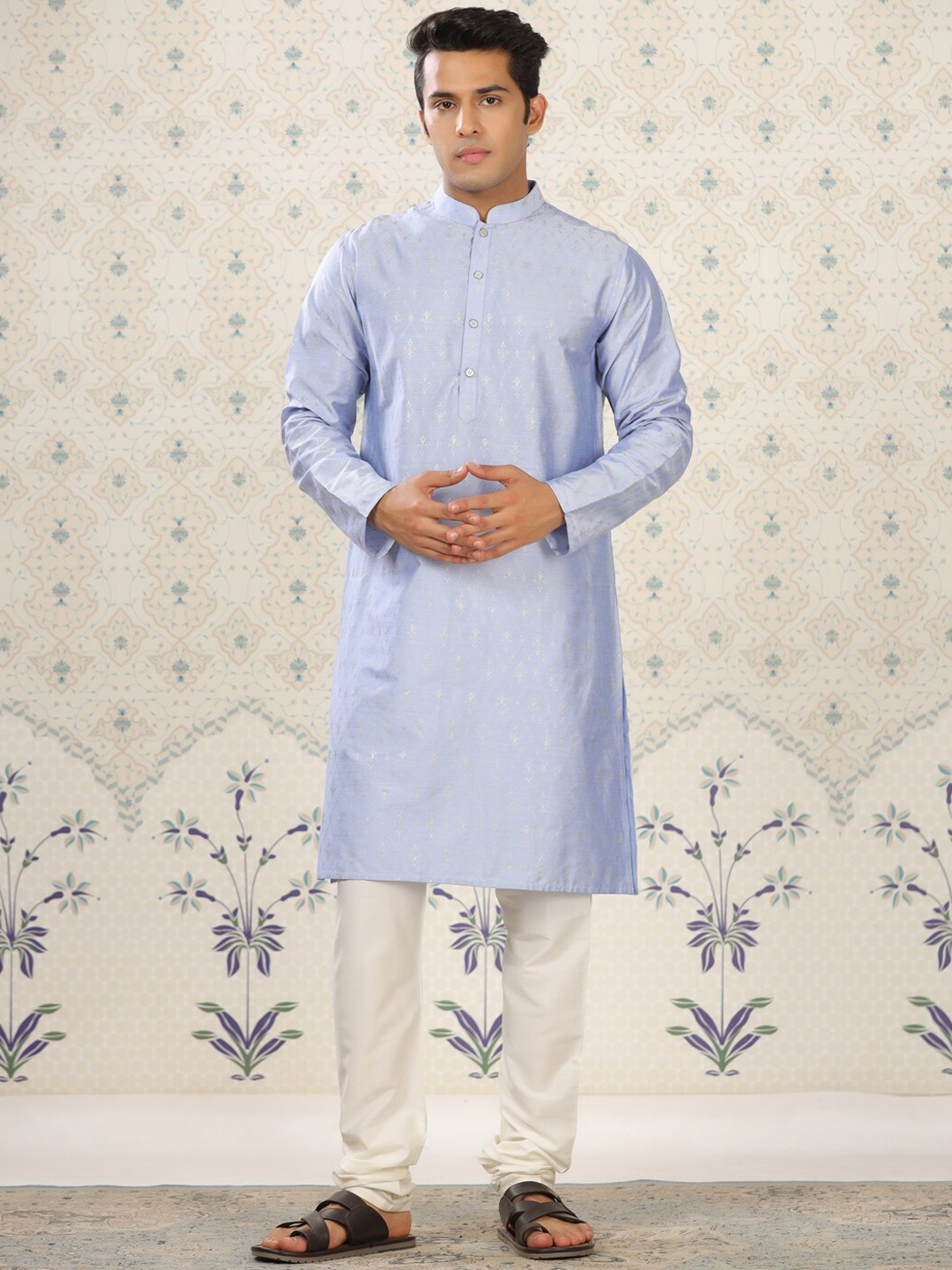 

Ode by House of Pataudi Ethnic Motifs Printed Mandarin Collar Straight Kurta, Blue