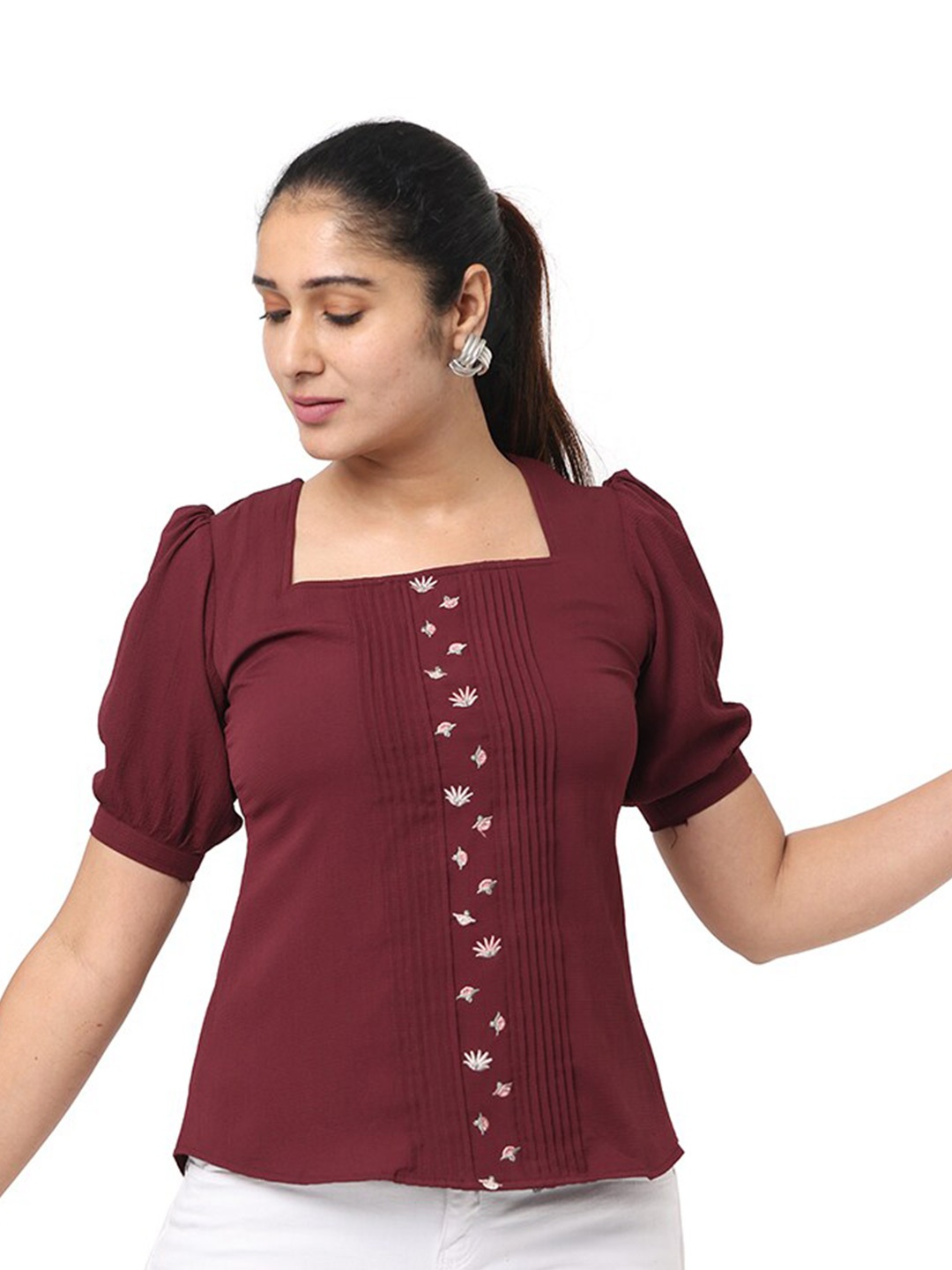 

GLORY & I Floral Embroidered Square Neck Puff Sleeves Pleated Detail Fitted Top, Burgundy
