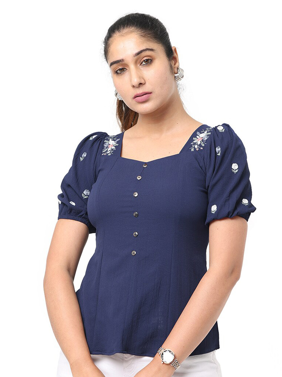 

GLORY & I Floral Embroidered Sweetheart Neck Puff Sleeves Fitted Top, Navy blue
