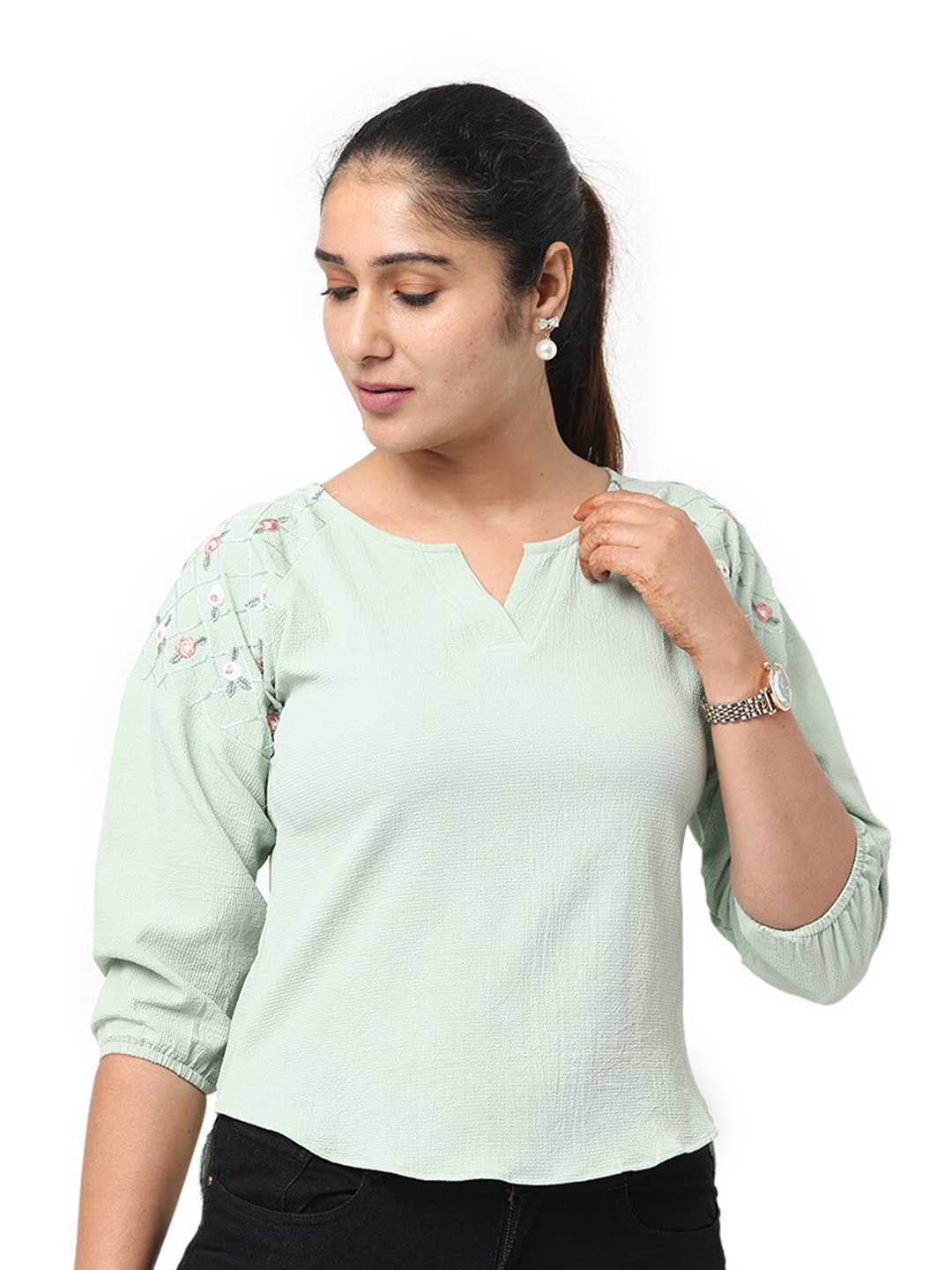 

GLORY & I Floral Embroidered Puff Sleeves Top, Green