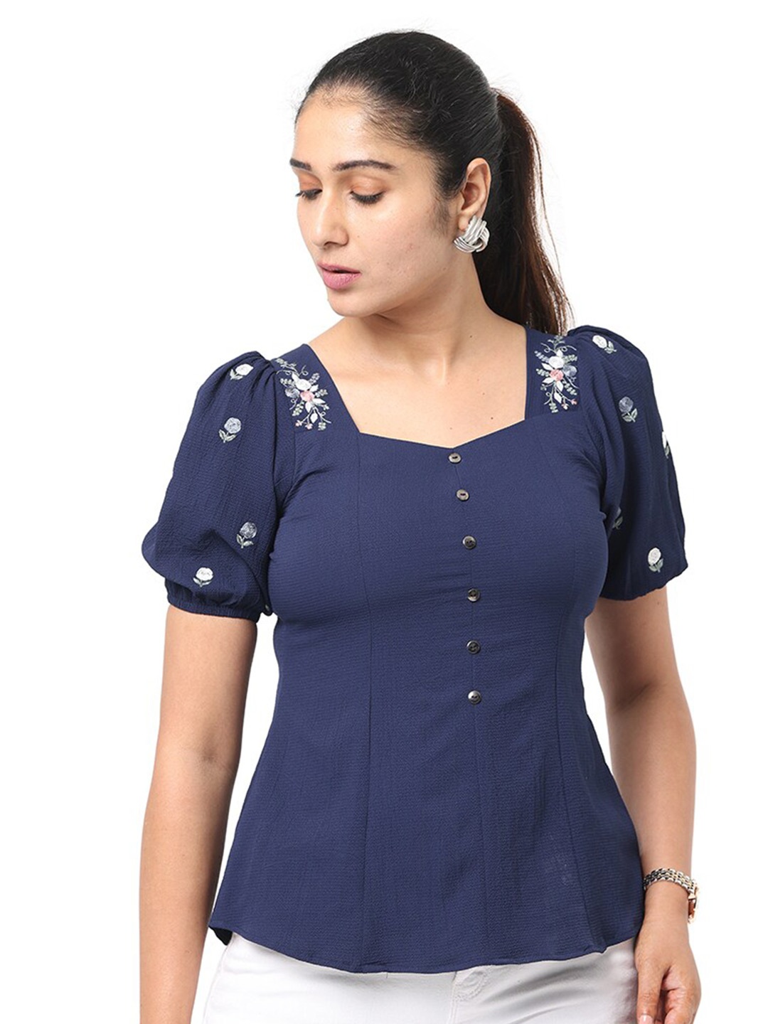 

GLORY & I Floral Embroidered Sweetheart Neck Puff Sleeves Fitted Top, Navy blue