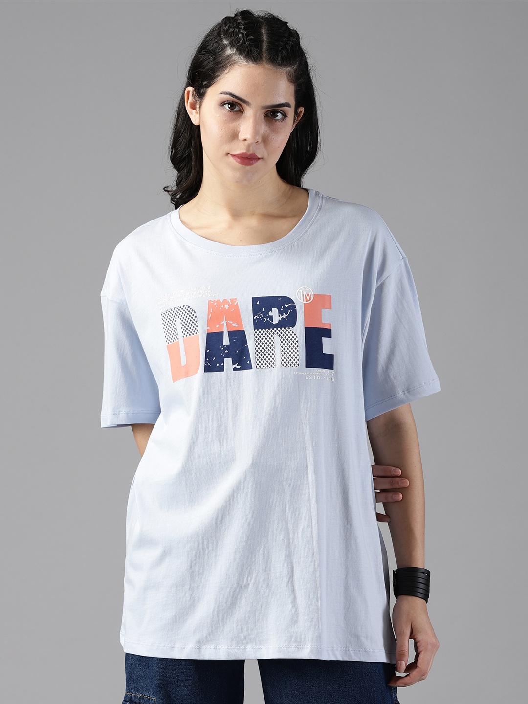 

Roadster Blue Typography Printed Oversized Pure Cotton Tshirts