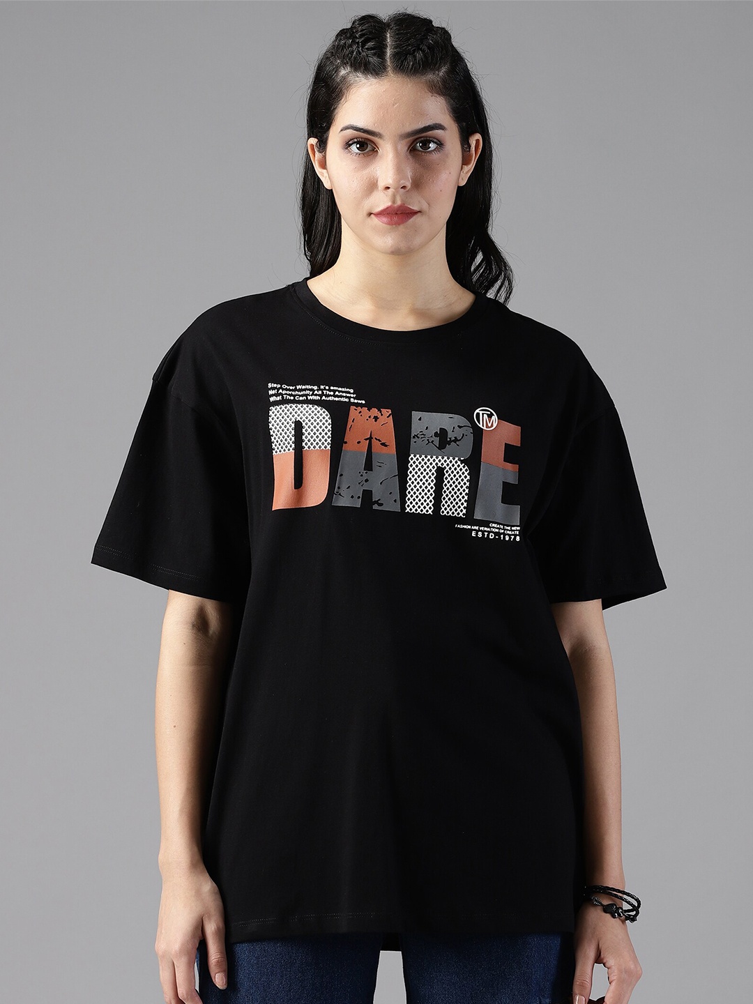 

The Roadster Lifestyle Co. Printed Drop Shoulder Sleeves Pure Cotton Oversized T-Shirt, Black