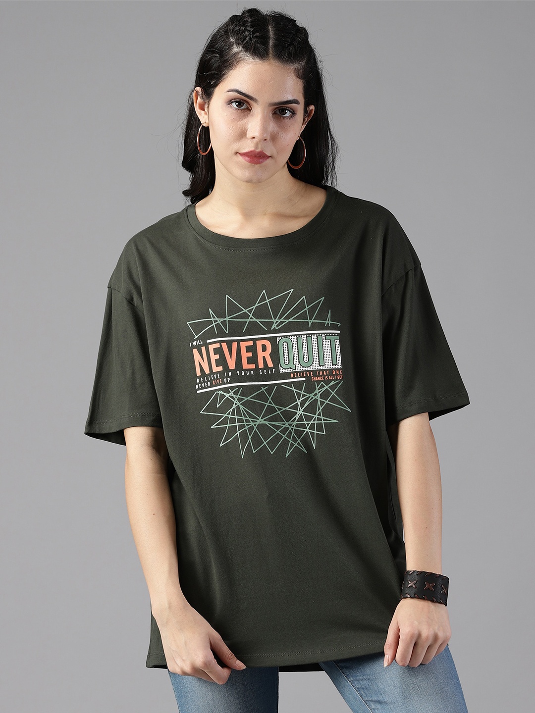 

Roadster Green Typography Printed Oversized Pure Cotton Tshirts