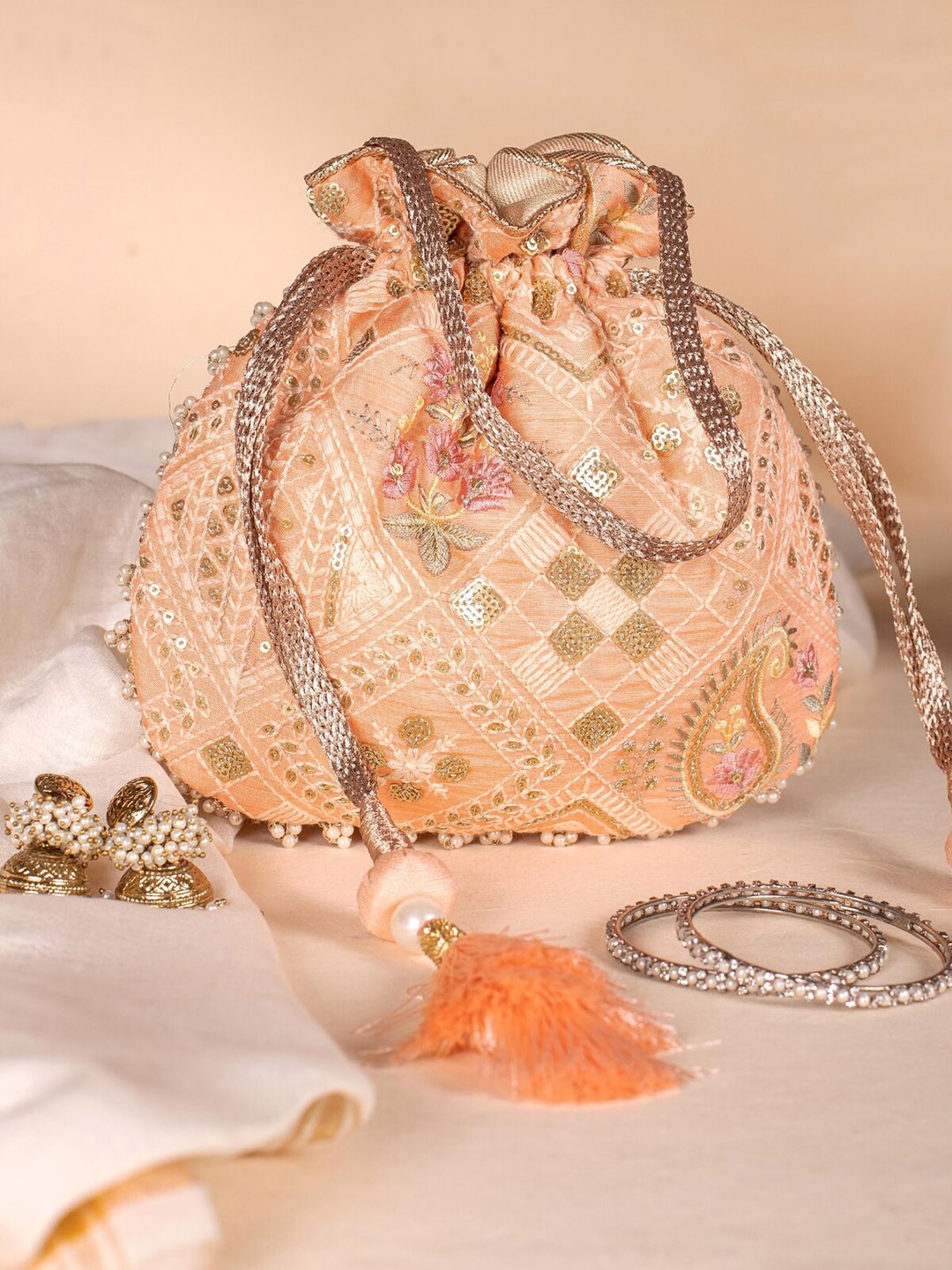 

AMYRA Ethnic Motifs Embroidered Fabric Potli Clutch, Peach